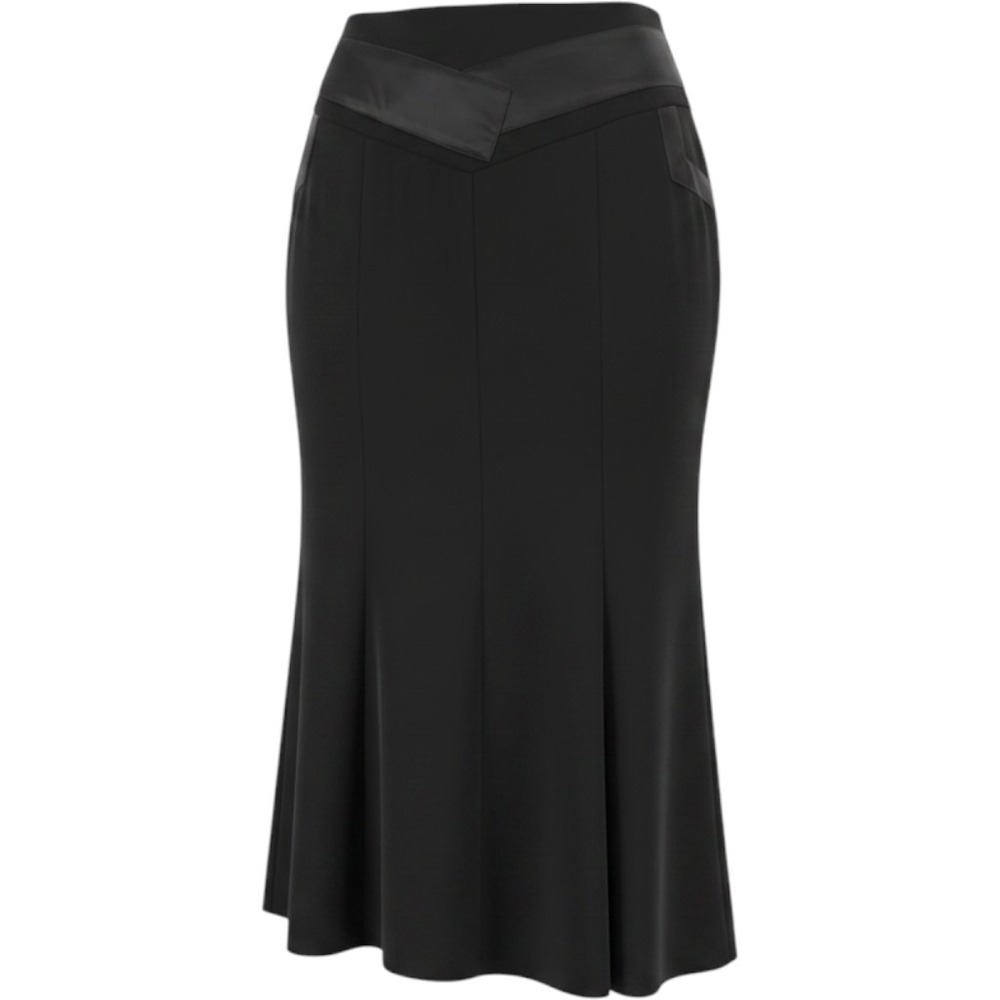 Black Paneled Midi Skirt Satin Trim V-Yoke Pockets Plus Size 56 / 22W Formal